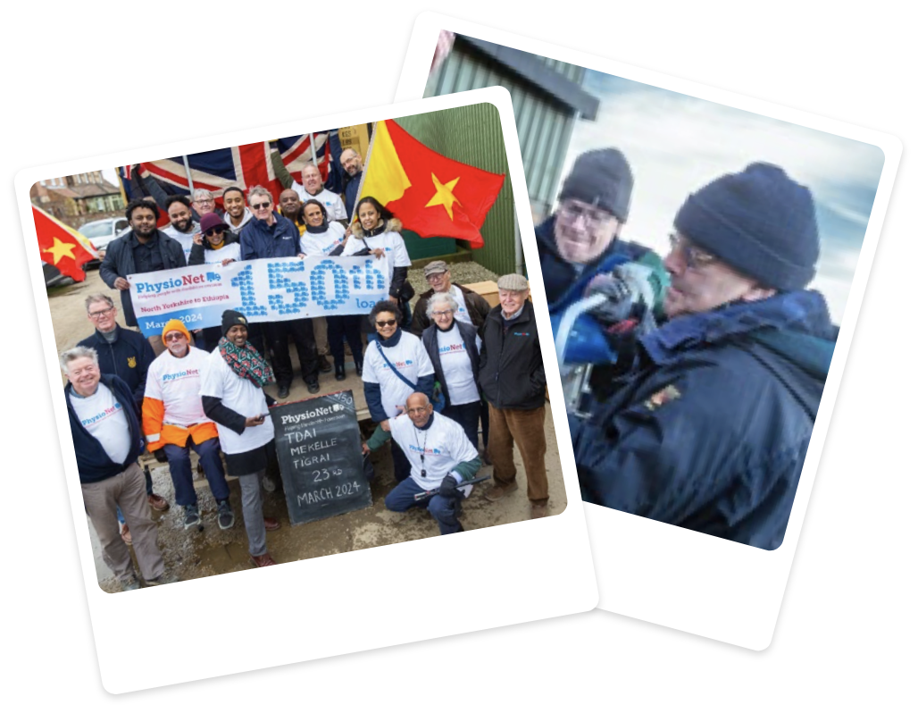 Photographs depict physionet volunteers collecting and paccking equipment, second photograph shows a group celebraing a delivery anniversary