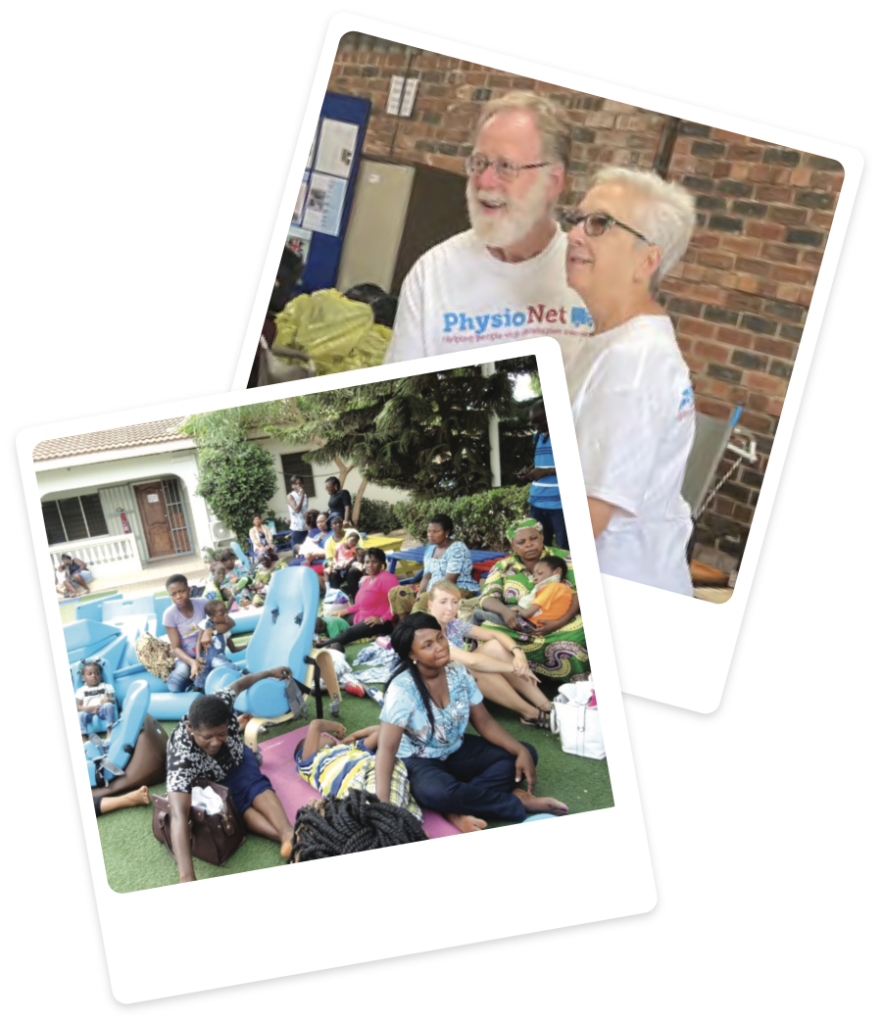 Physionet volunteers and a groupd of parents and healthcare workers with medical chairs and aids