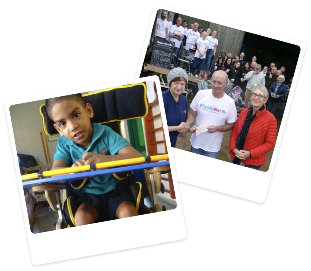young boy sitting in a special chair to aid mobility and a second photo shows a group of Physionet volunteers receiving a donation