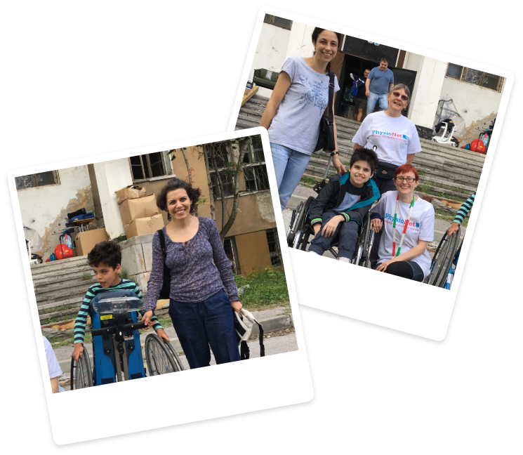 Image shows two photographs of people with wheelchairs and carers along with Physionet volunteers